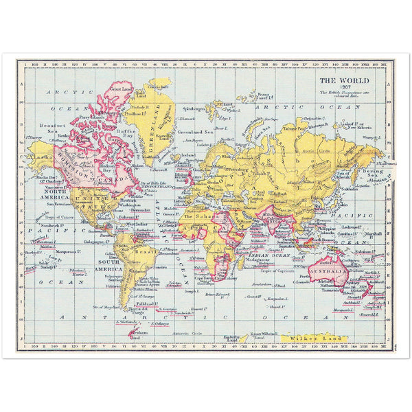 4377041 World Map, British Imperial possessions in red, 1907