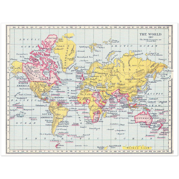 4377041 World Map, British Imperial possessions in red, 1907